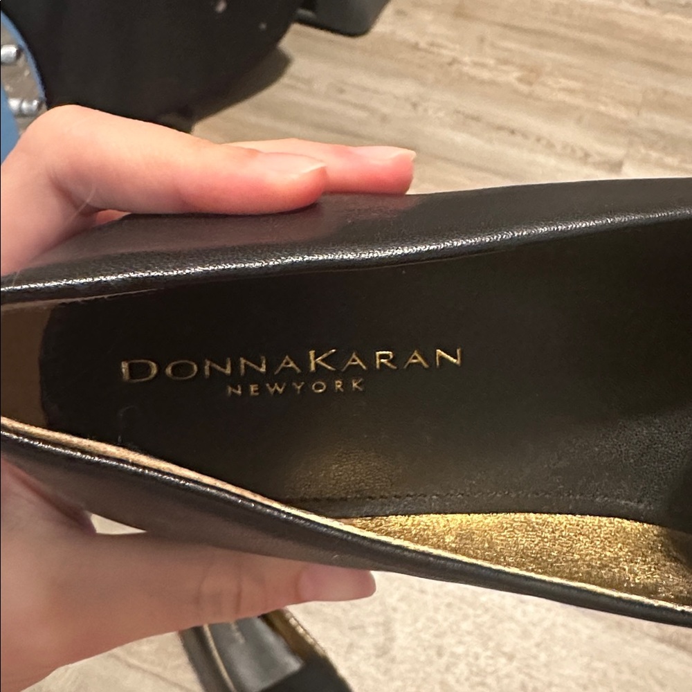 NWOB Donna Karan Black Leather Penny Loafers with Gold Accent - Picture 5 of 6
